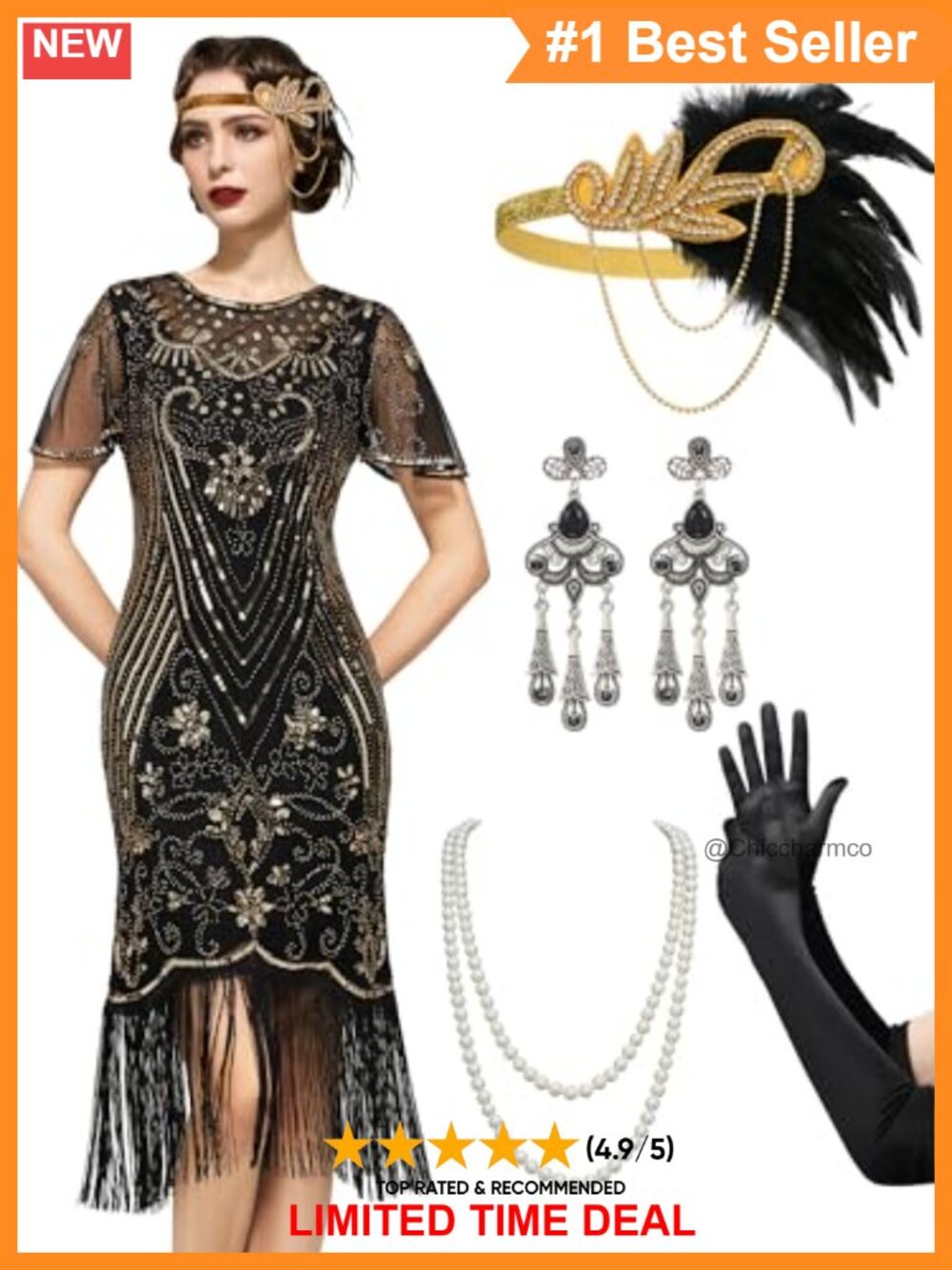 1920s Flapper Dress Sequin Fringe Lace Neck Short Sleeve Costume Set